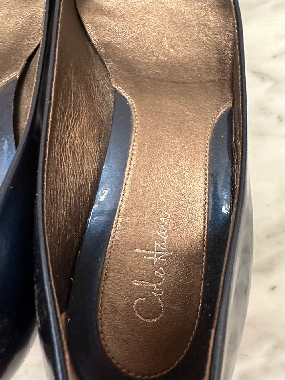 Cole Haan Nike Navy Patent Leather Peep-Toe Wedge Pumps - Picture 7 of 12